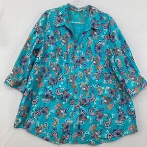Woman Within size 1X Blue Multi Paisley 3/4 Sleeve Button Down Office Work